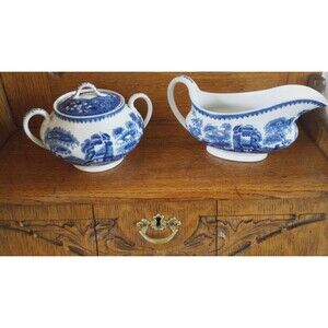 Vintage Straffordshire England Creamer and Sugar Bowl  Old Tower Blue Design